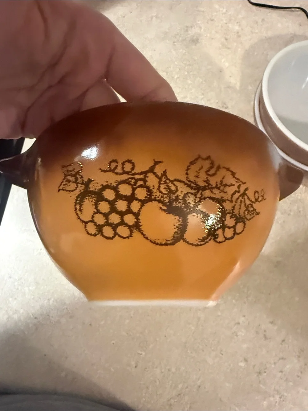 Pyrex Amber/White Mixing Bowls with Fruit Motif